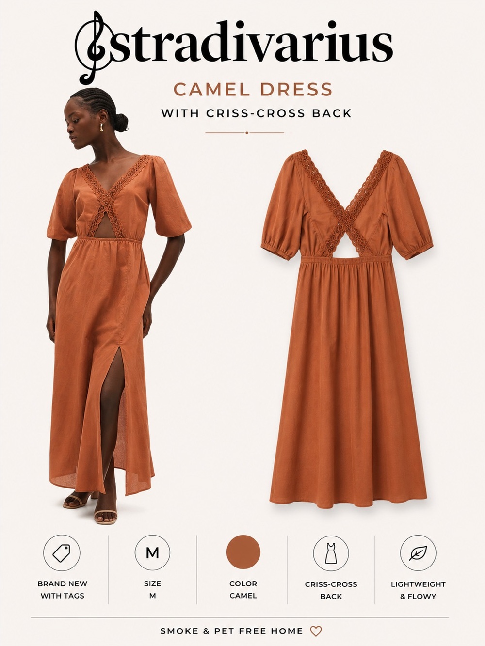 Stradivarius Camel Criss-Cross Back Cutout Midi Dress NWT Size M